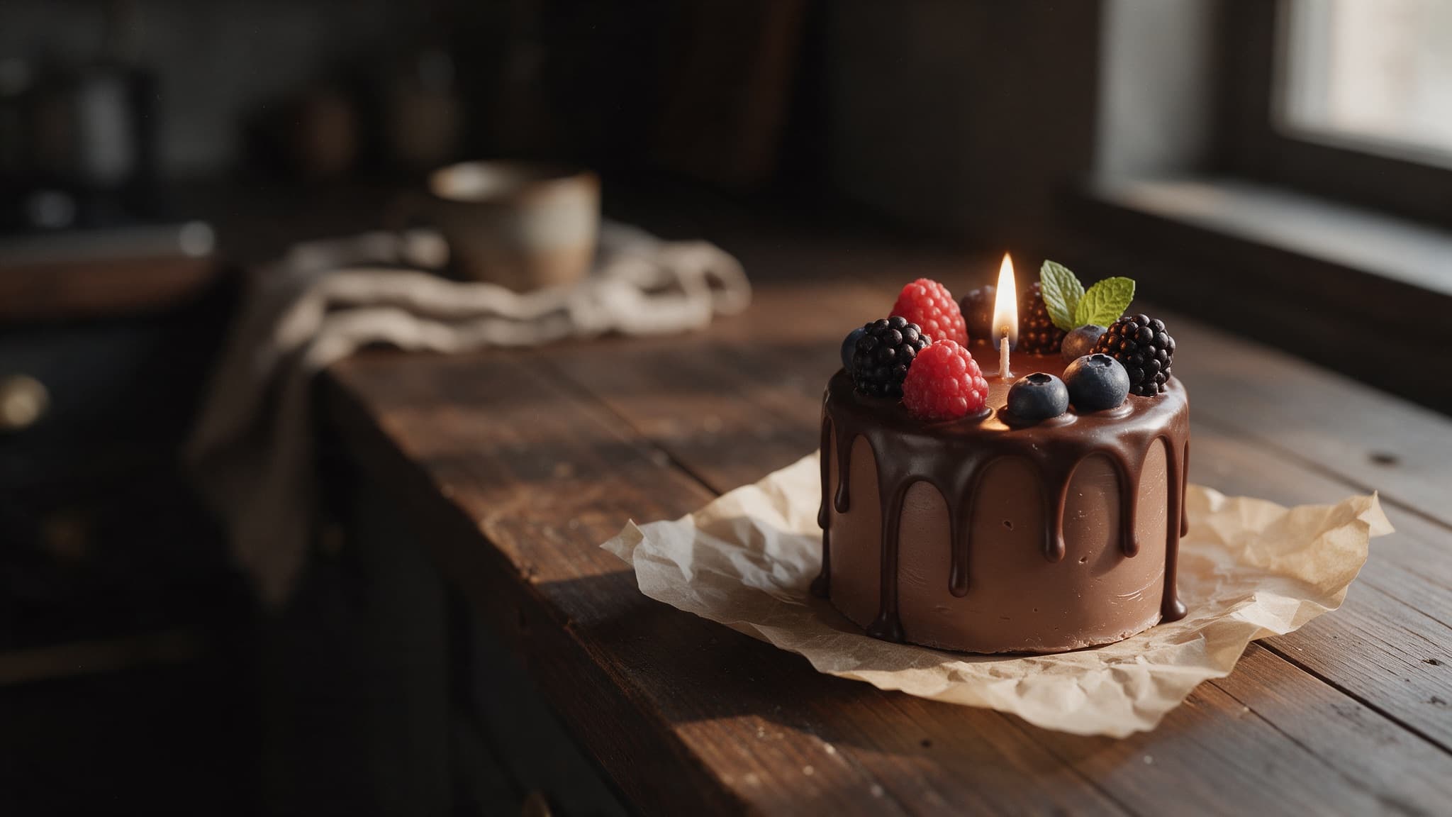 Lit candle shaped like a chocolate drip cake topped with wax berries