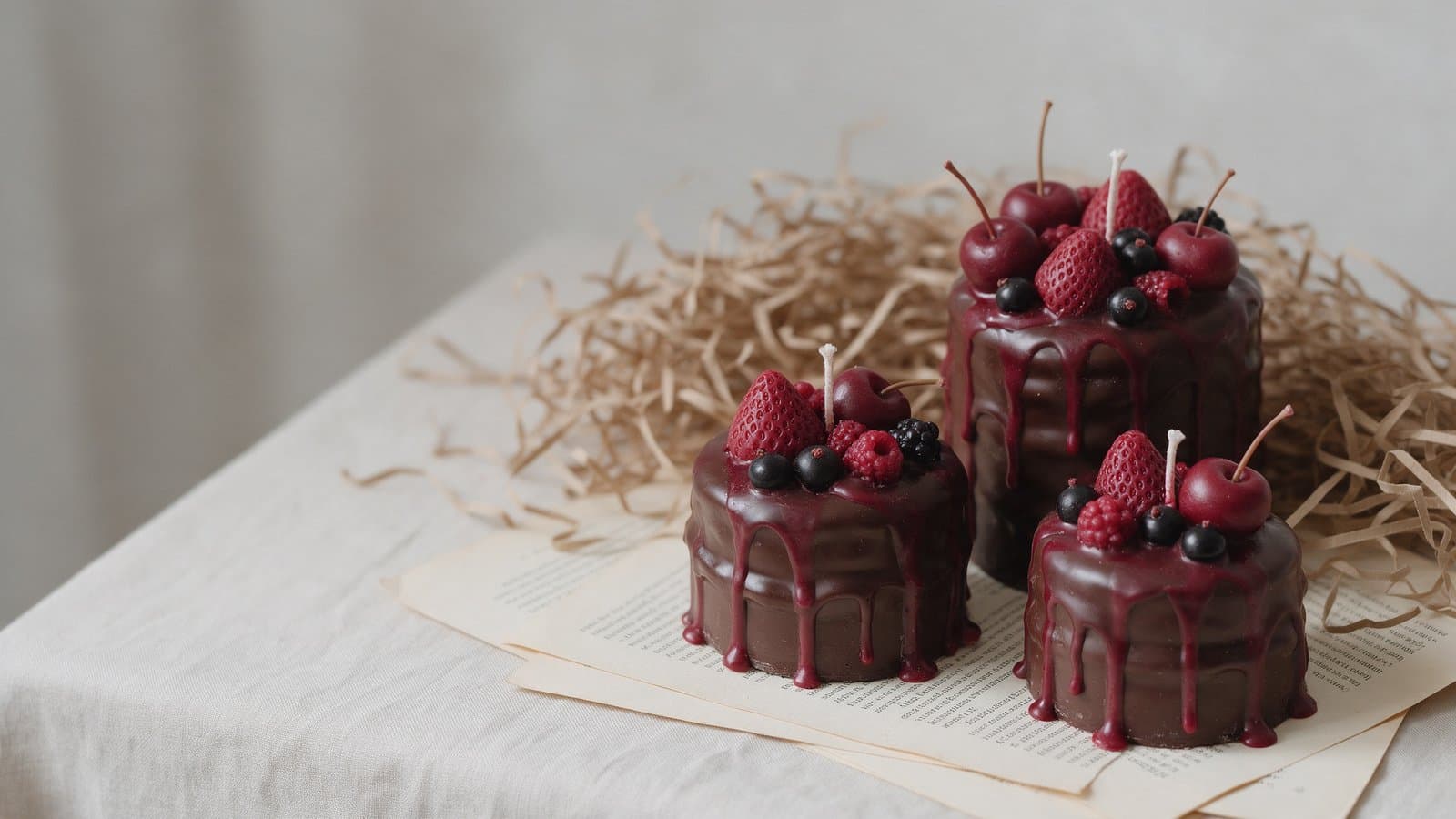 Three cake-shaped candles with chocolate glaze and wax berries on vintage book pages