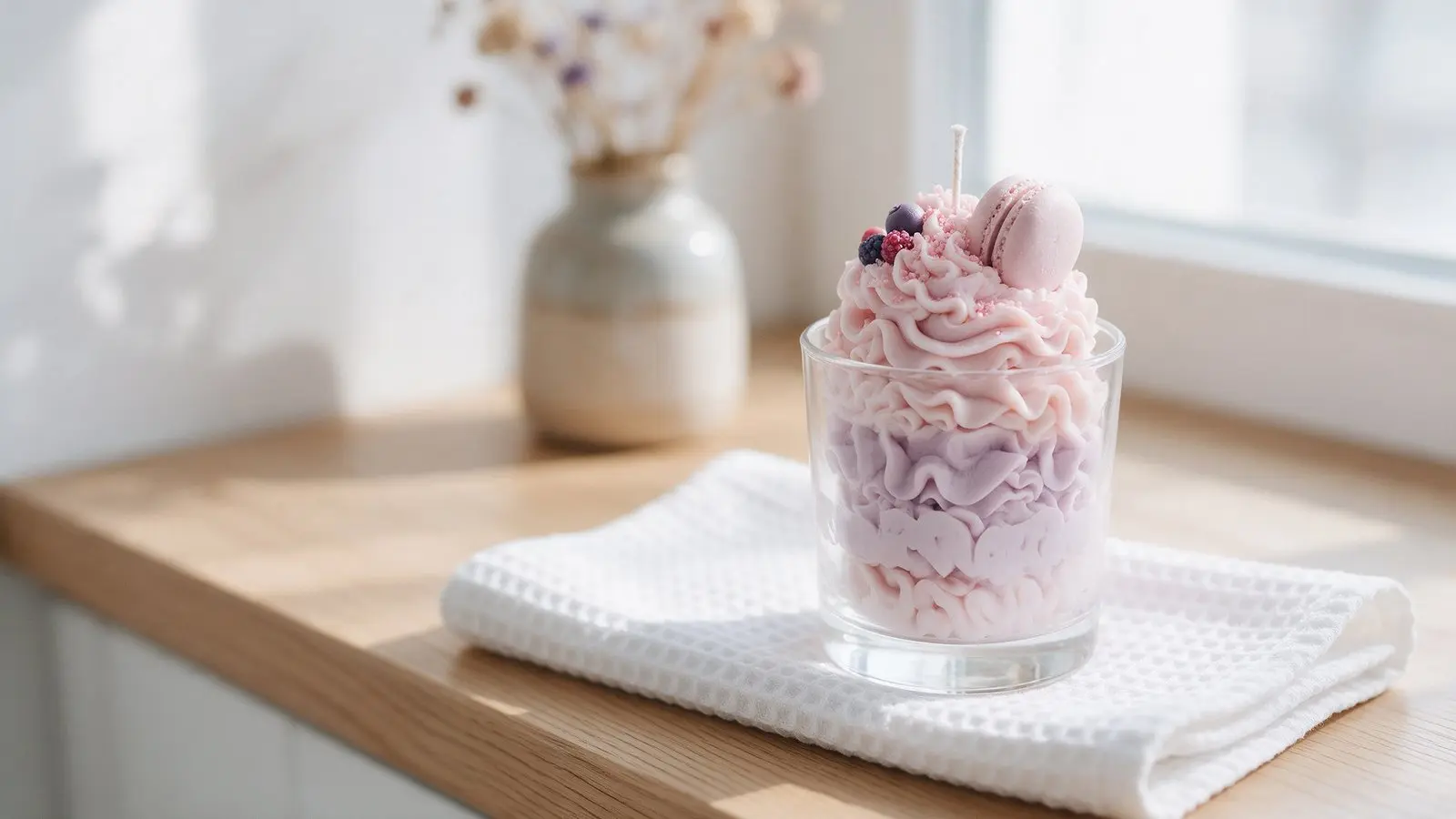 Whipped pastel wax candle in a glass jar topped with a wax macaron